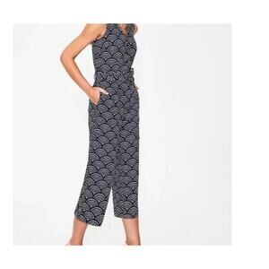 Boden Jumpsuit Women's 12 Blue Linen Cotton Cropped Wide Leg Sleeveless Belted